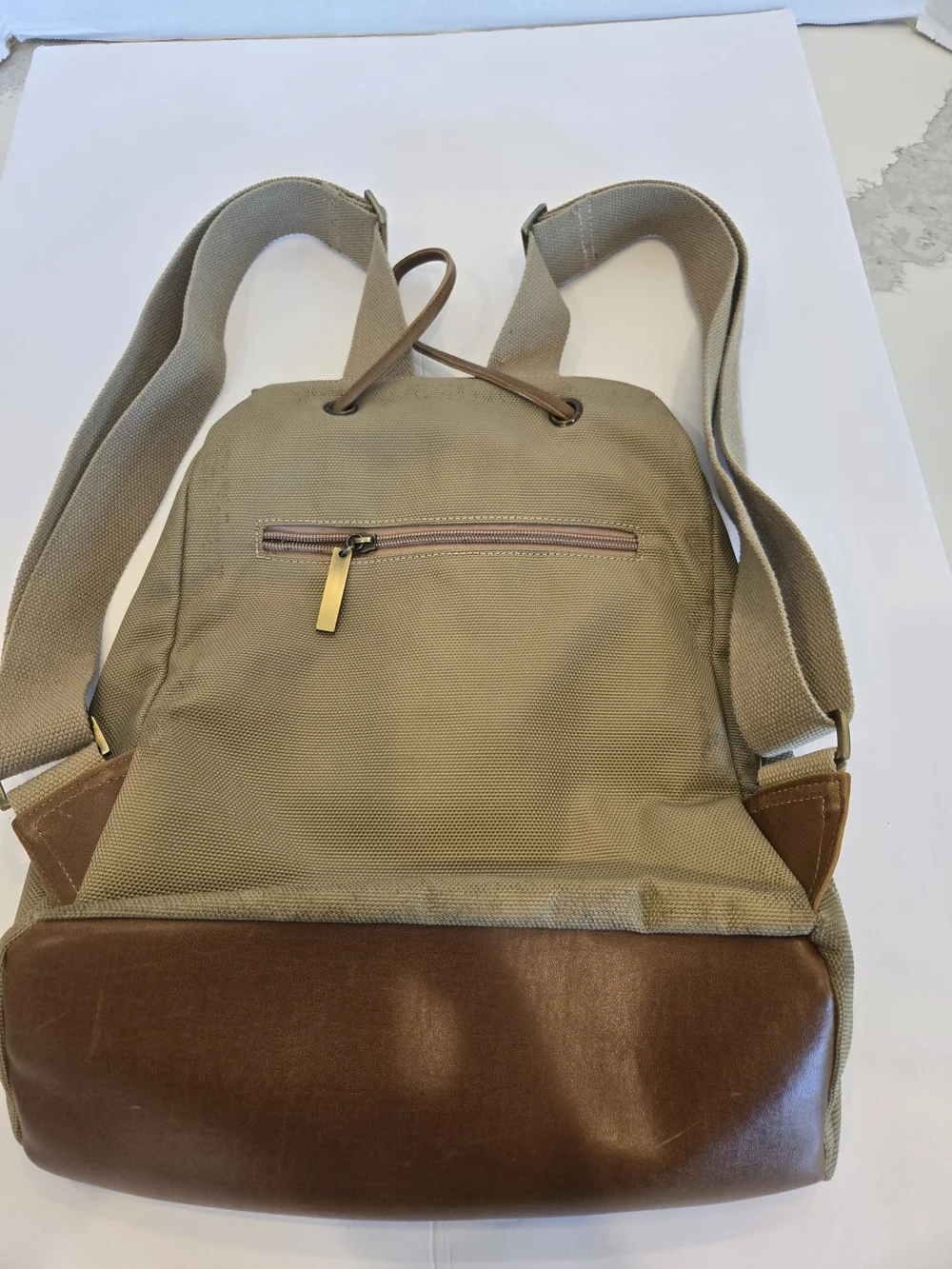 Khaki Canvas Backpack with Brown Trim for Women